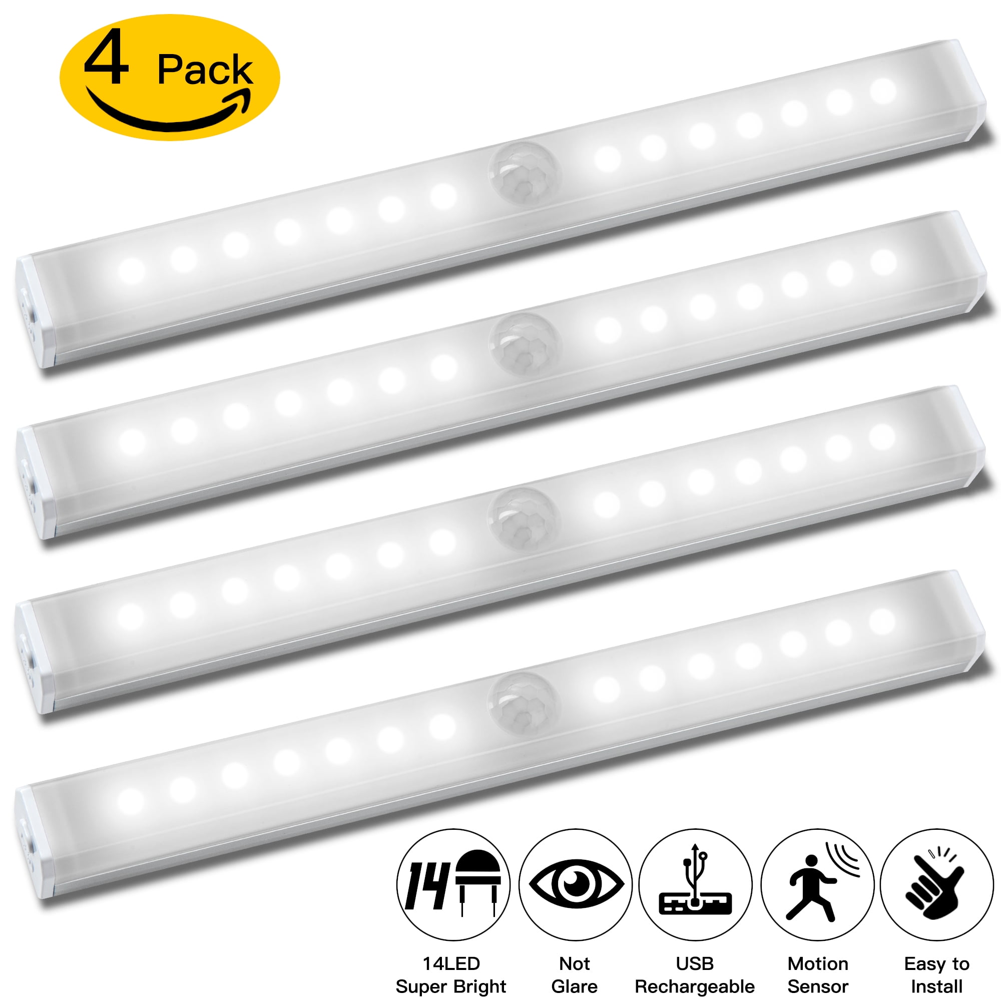 Under Cabinet Light,Wireless Motion Light, Magnetic LED Closet Light, Rechargeable Under Counter Light for Kitchen, Bedroom, Stair, Wardrobe, Hallway,Pantry, 4 Pack, Cool White(6000K)，Airtok