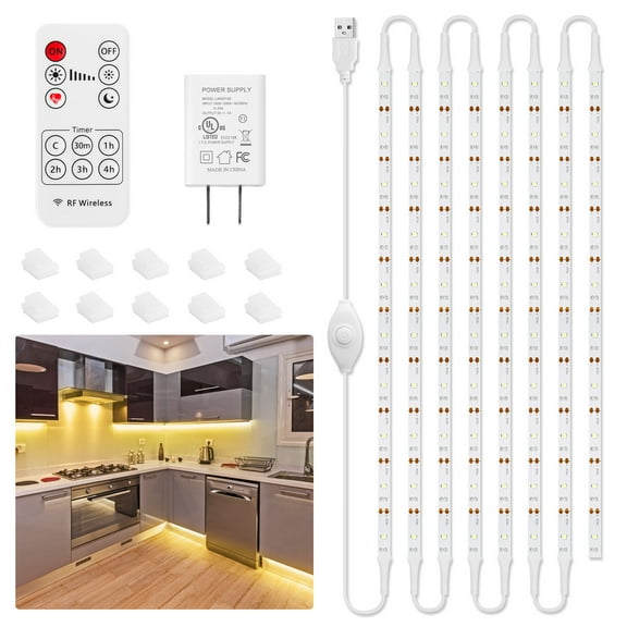Under Cabinet Lighting Kit, Elfeland 8 PCS LED Strip Lights with RF Remote Control Power Adapter LED Counter Lights for Kitchen Cabinet Counter Shelf Showcase Desk, 6000K White, 13ft