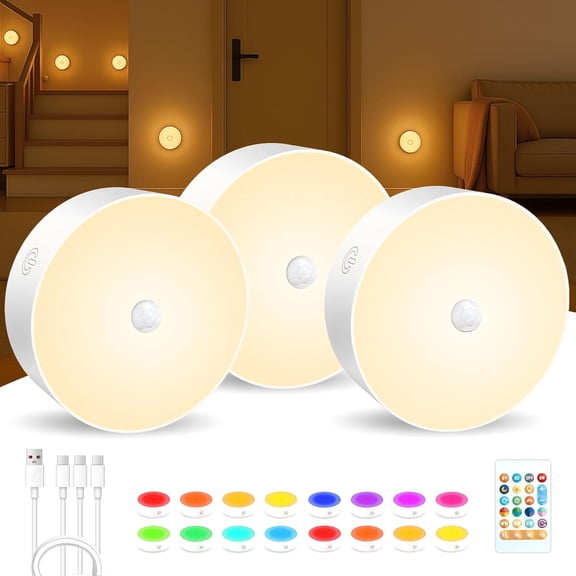 Under Cabinet Lights 3 Pack, Rechargeable LED Dimmable Puck Lights with Remote Control, Touch Tap Light for Kitchen, Cabinet, Closet, Counter