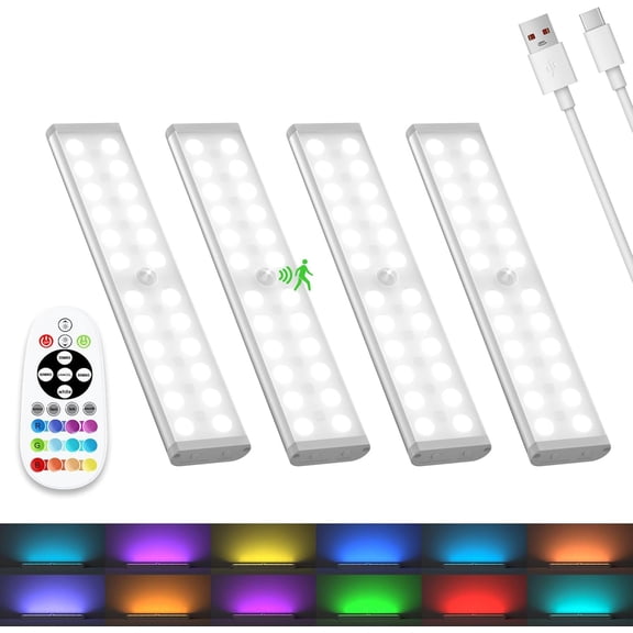 Under Cabinet Lights , 58- Motion Sensor Closet Lights with Remote Control, Color Changing Under Counter Lights for Kitchen, Pantry, , Stairs, 4