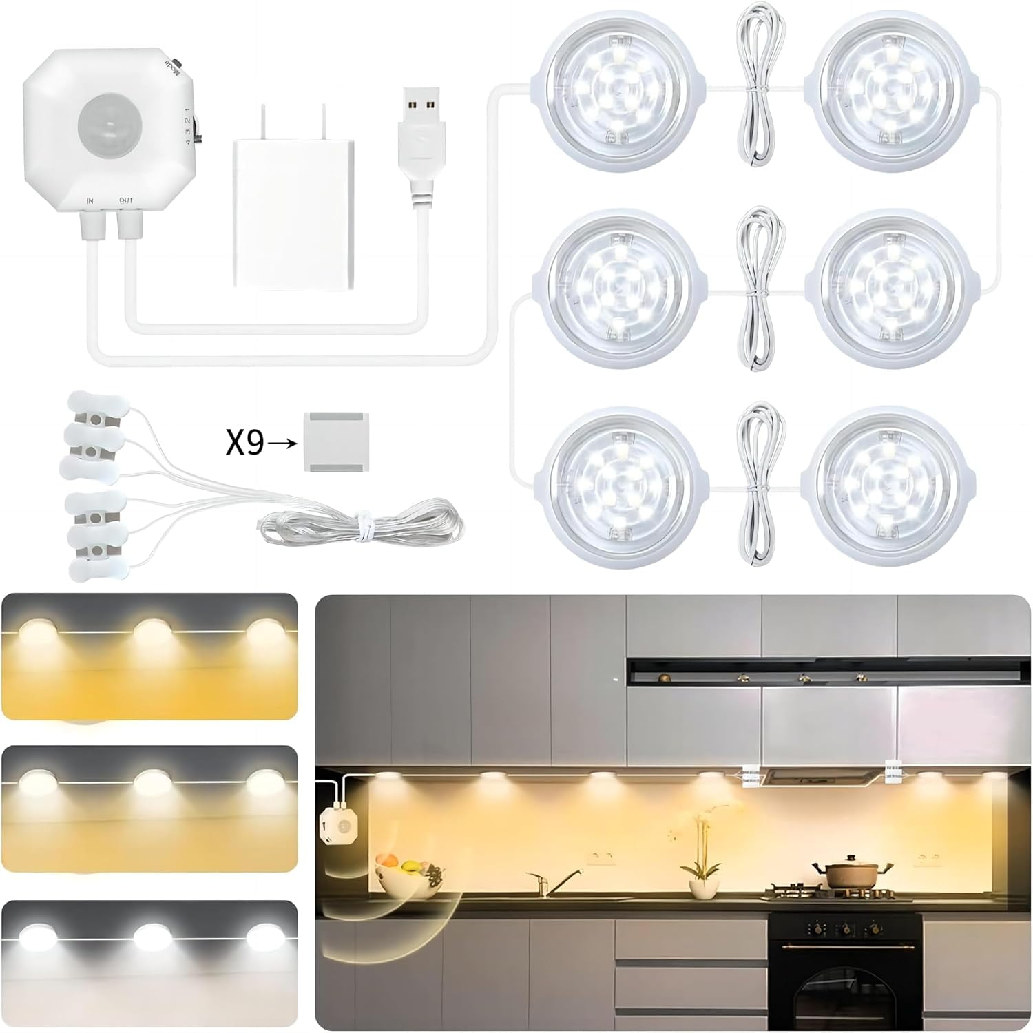 Under Cabinet Lights, LED Indoor Lights Kit Dimmable Motion Sensor ...