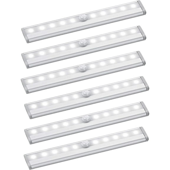 Under Cabinet Lights, Motion Sensor 10 LED Light Indoor - Light Strips for Closet, Kitchen, Bathroom, Pantry - Wireless Battery Operated Cabinet Lighting, Peel and Stick Anywhere, 6 Pack