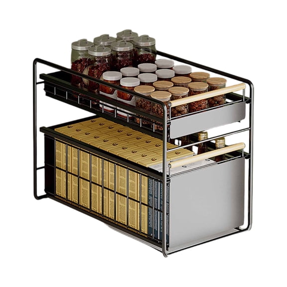 Under Cabinet Pull-Out Storage Rack With 2 Drawers, Sliding Design For Spice Jars, Grains, And Kitchen Pantry Organization,S
