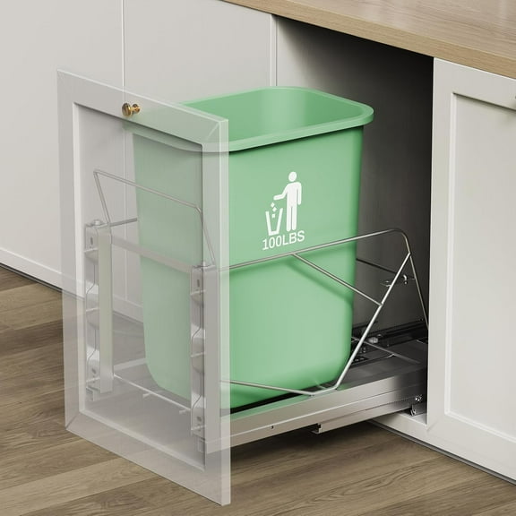 Under-Cabinet Pull-Out Trash Can with Soft-Close Slides, Silver 18"D 12"W 17"H, 40-Quart Rectangular Stainless Steel Bin System for Kitchen or Bathroom