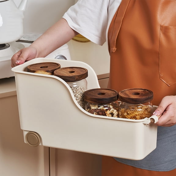 Under-Cabinet Pulley Storage Basket Organizer, Shatterproof Food-Grade Plastic Kitchen Box with Wooden Handle for Pots and Bowls, 1-Pack