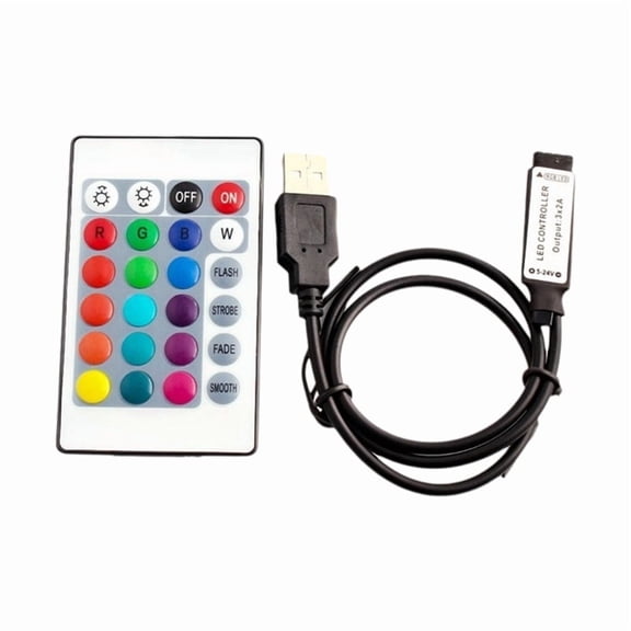 Under Cabinet RGB LED Strip Controller - 24-Key Remote, USB/DC 12V Powered, 16 Colors, 4 Modes
