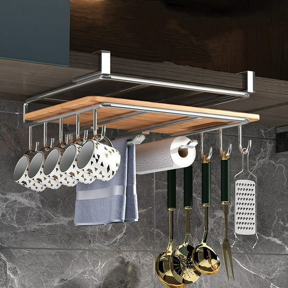 Triani Under Cabinet Rack Kitchen Storage Rack with 10 Hooks for Cup Storage Chopping Board Rack Paper Rack Cookware (1 Pcs Silver)
