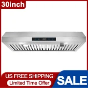 Under Cabinet Range Hood 30 inch Stainless Steel Kitchen Hood 600 CFM Stove Filter Touch Control LED Lights Ductless Range Hoods with Touch Control,3-Venting Kitchen hood,Stainless Steel Vent Hood,