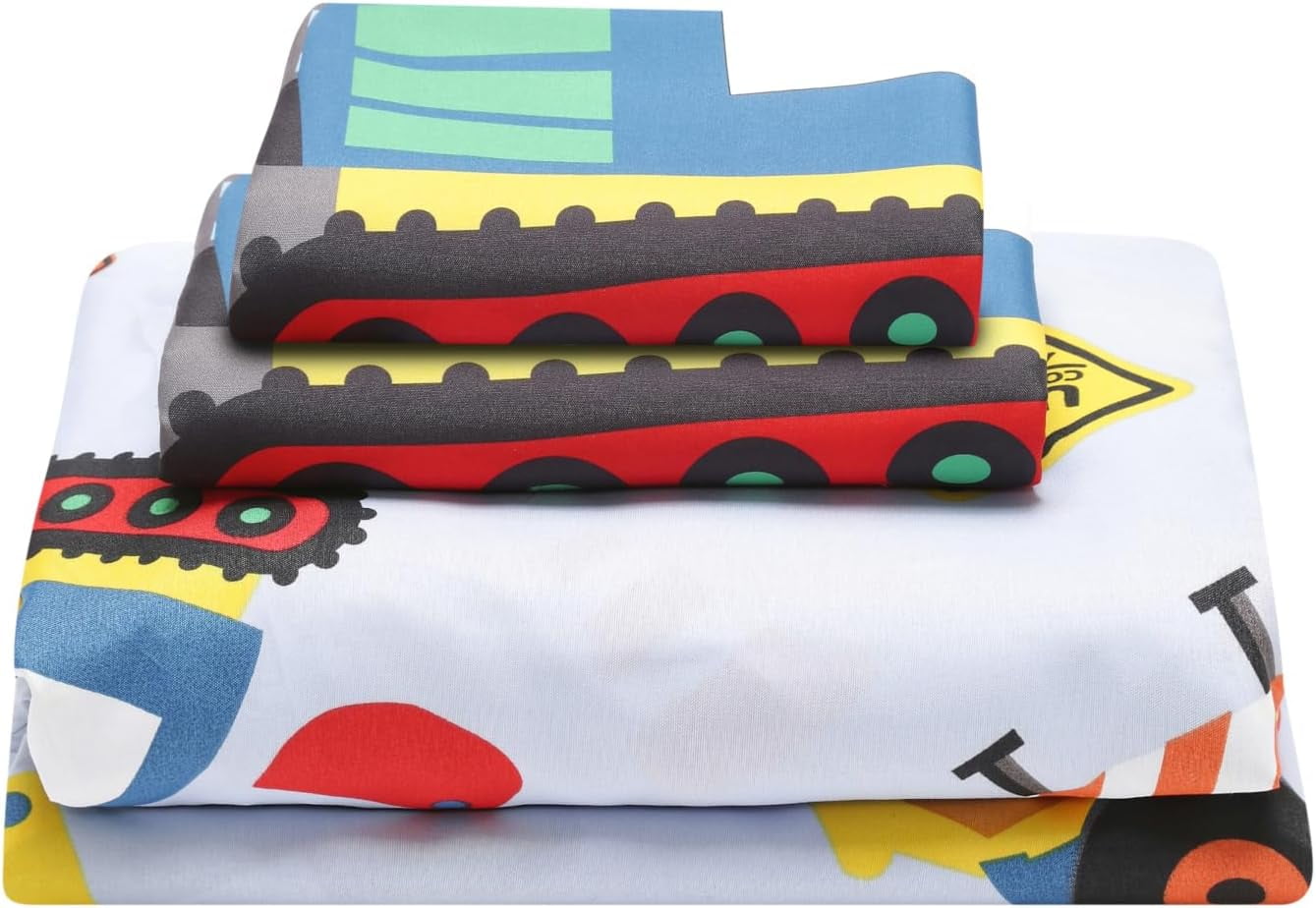 Under Construction Full Size Bed Sheet Set for Kids with Buildings Bulldozers and Dump Trucks