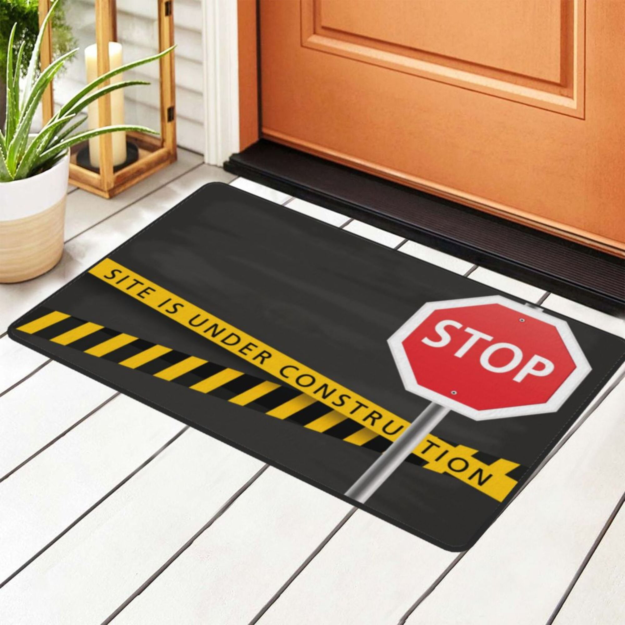 Under Construction Stop Sign Rugs Doormat, Non-Slip Machine Washable Carpets Floor Door Mat , 36" x 24"
