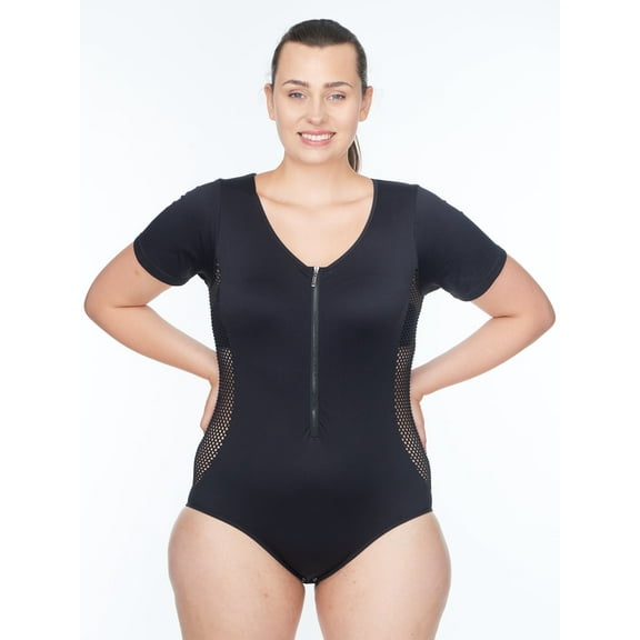 Under Control Women’s Adult Fishnet Front Zipper Short Sleeve Bodysuits