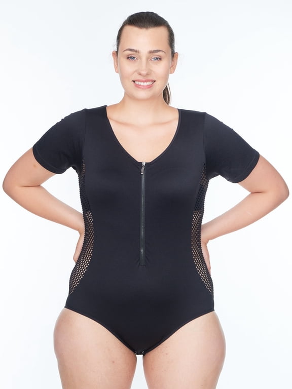 Women’s Adult Fishnet Front Zipper Short Sleeve Bodysuits
