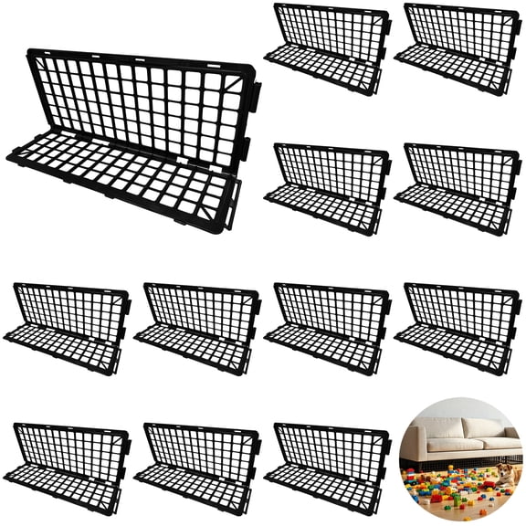 12 Pcs Black Modular Fence Panels, 14.6 x 6.7 x 4.7 in Plastic Grids, Adjustable Under Sofa Blocker for Pets, Extendable Toy Blocker for Furniture, Easy Installation Cat Barrier