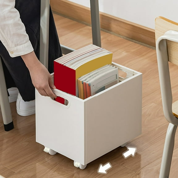 Under Desk Book Storage Box with Wheels - 12.59x9.84x9.44in White Rolling File Cart for Classroom Student Desk Organization