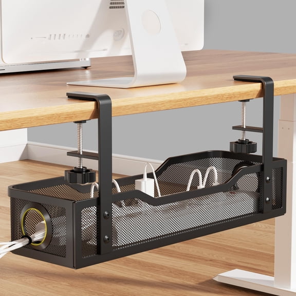 Under Desk Cable Management Large 16" Box For Table Thickness Up To 3" Wire Cord Organizer With Clamp No Drill (black)