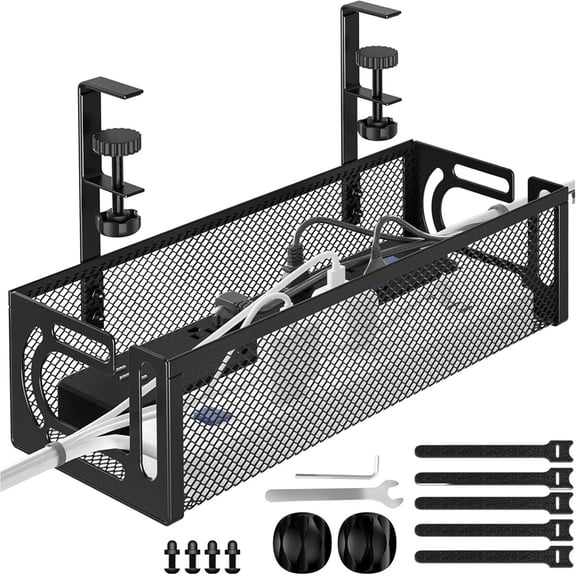 Under Desk Cable Management,No Drill Metal Wire Organizer with Clamp, Heavy Duty Cord Holder Tray for Standing Desk Home Office,Black
