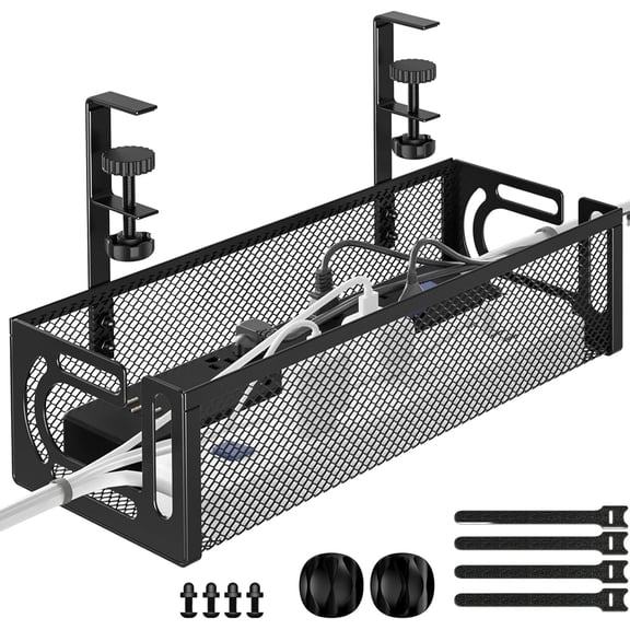 Under Desk Cable Management Tray, 15.7'' No Drill Steel Desk Cable Organizers, Wire Management Tray Cable Management Rack (1 Pack-Black)