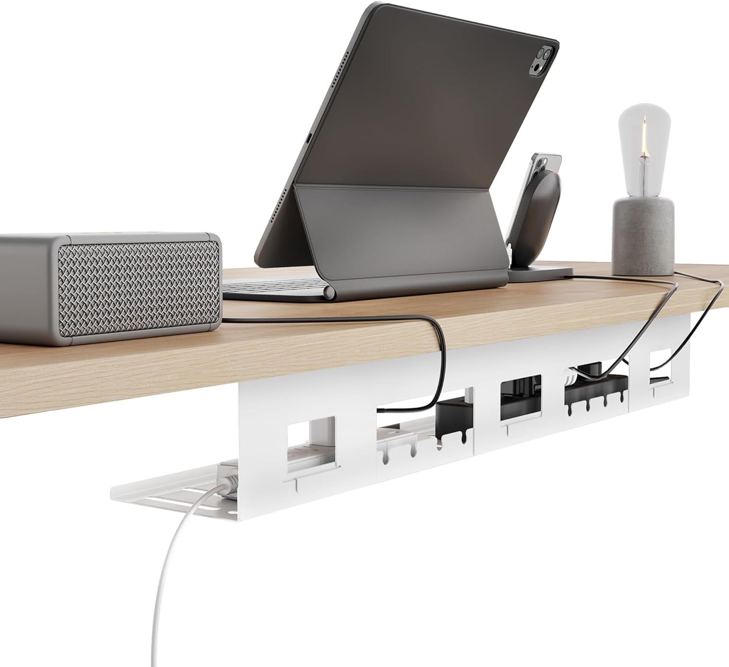 Under Desk Cable Management Tray, 31.5" Metal Cord Organizer Rack for Power Strips, Wires & Chargers, Easy Mounting Desk Tray for Home Office, White