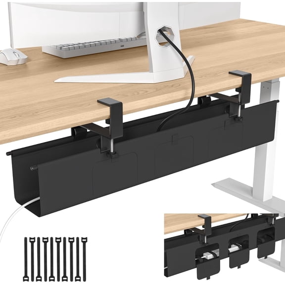 Under Desk Cable Management Tray, 36 Fabric No Drill Clamp Mount Cord Organizer for Desk, Heavy Duty Wire Management for Office Home, Black