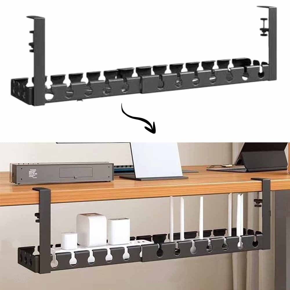 Youersen Under Desk Cable Management Tray, Adjustable 16.9'' to 29.1" No Drill Organizer for Cords, Black