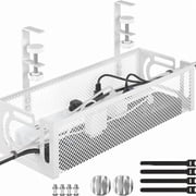 OFEFE Under Desk Cable Management Tray - No Drill Cable Organizer Box with Side Opening, Cord Raceway for Office & Home, Wire Storage Basket for Power Strips 15.35"x4.72", White Metal Mesh