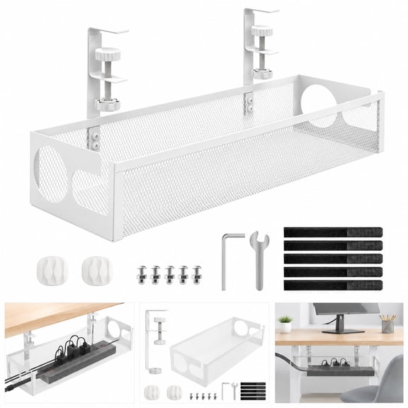 Under Desk Cable Management Tray, Clamp On Metal Mesh Cord Organizer Basket for Power Strips, Adapters and Cables, No Drill Desk Wire Management Rack