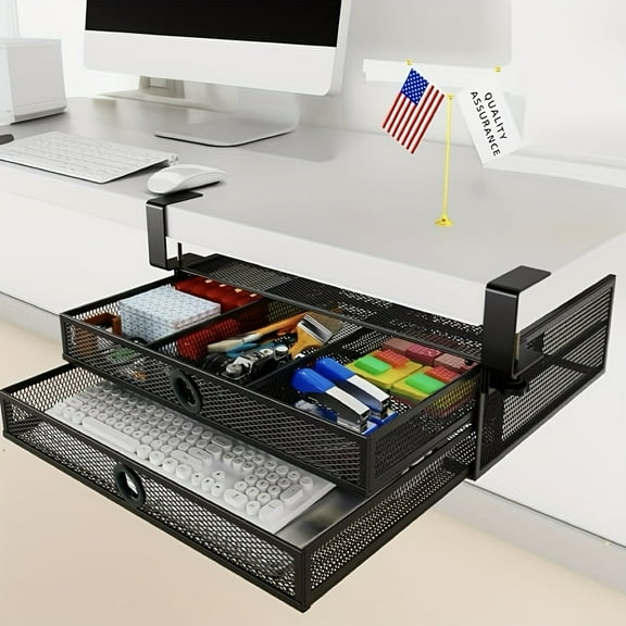 Under Desk Clamp-On Drawer Organizer (2 Drawers) | Mesh Metal Slide-Out Design | For Office Supplies & Home Essentials | On/Under Desk Storage
