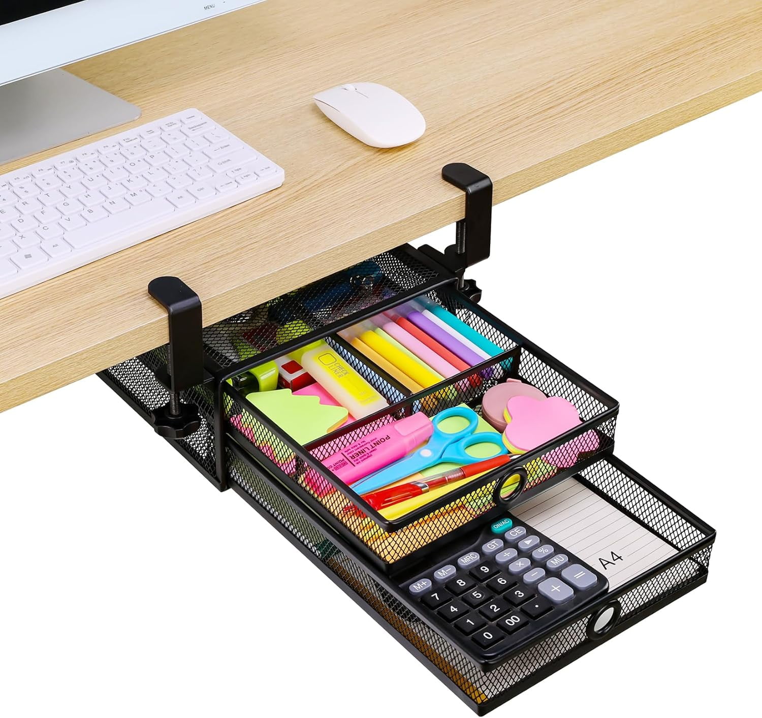 Under Desk & Desktop Drawer Organizer - 2-Tier Metal Slide Out Drawers Organizer, Storage for Home Office Desk (Black)