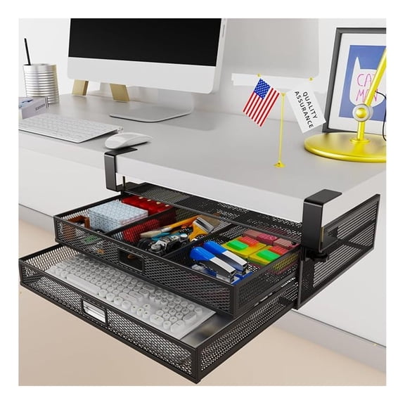 Under Desk Drawer Organizer - Large Metal Slide Out Drawer, No Drilling Needed - Home & Office Storage - Desk Organization Accessories