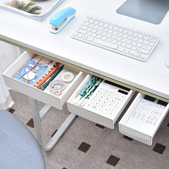 Under Desk Drawer Organizer with Strong Tape, Slide-Out Hidden Storage Tray for Office/Home Desk, Pencil & Stationery Storage (White)