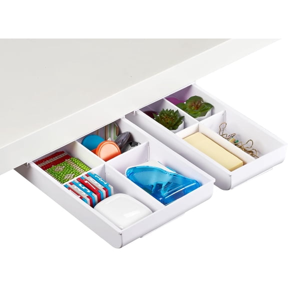 Under Desk Drawer, Self-Adhesive Slide Out Storage Organizer with 4 Customizable Dividers, 2-Pack White,2 Count (Pack of 1)