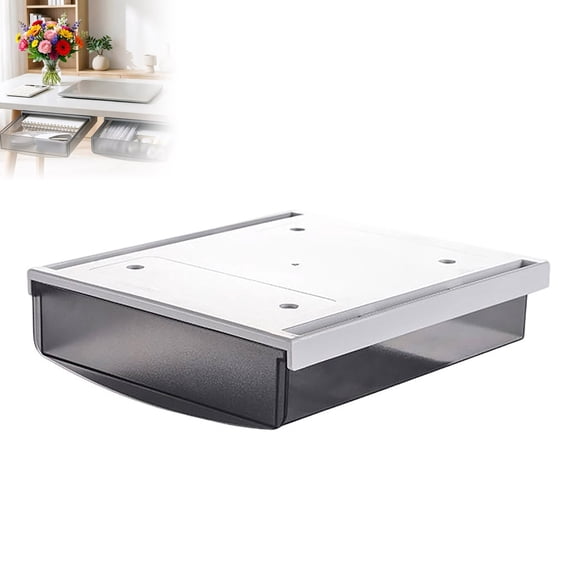 Under Desk Drawer Storage, Self Adhesive Sliding Organizer Drawer, Hidden Under Cabinet Container for Kitchen Bathroom Office, Space Saving ABS,A