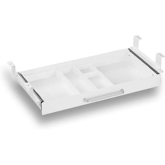 Under Desk Drawer White 21" with 4 Divider Trays, Under Shelf Pencil Drawer Pull-out, Standing Desk Metal Storage Attachment Slide Out for Workbench