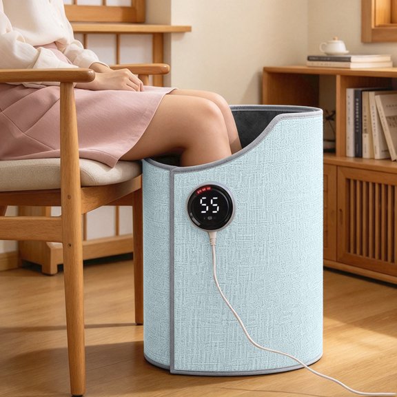Under Desk Foot Heater with Digital Temperature Display, Light Blue Fabric, for Office and Home Use