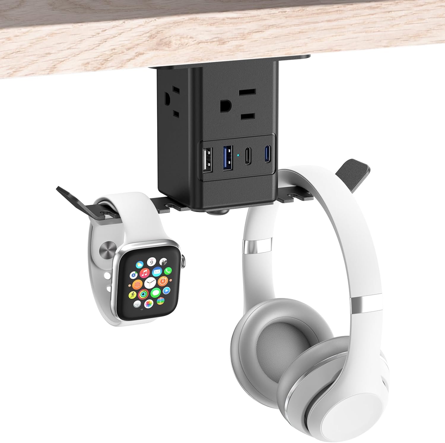 Under Desk Headset Stand with Charger, 20W USB C Power Strip 3 Outlet