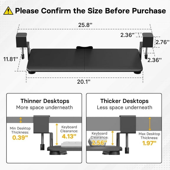 Under Desk Keyboard Tray, Pull-Out Keyboard & Mouse Platform with C-Clamp, 20 x 11.8 in Space-Saving Ergonomic Slide-Out Drawer, Black