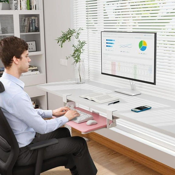 Under Desk Keyboard Tray, Pull-Out Keyboard & Mouse Platform with C-Clamp, 20 x 11.8 in Space-Saving Ergonomic Slide-Out Drawer, Pink