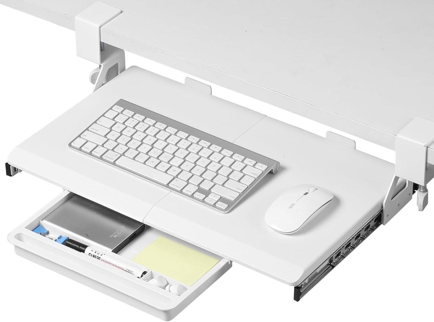 Under Desk Keyboard Tray with Slide Pull Out, C Clamp Mount, Ergonomic Computer Stand for Home Office, White, 19.7" x 12.2" Small Size