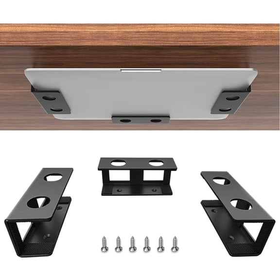 Under Desk Laptop Mount, Metal Under Desk Shelf Holder for Laptop, Mac mini, MacBook, Keyboard with Anti-Scratch Silicone (Black)