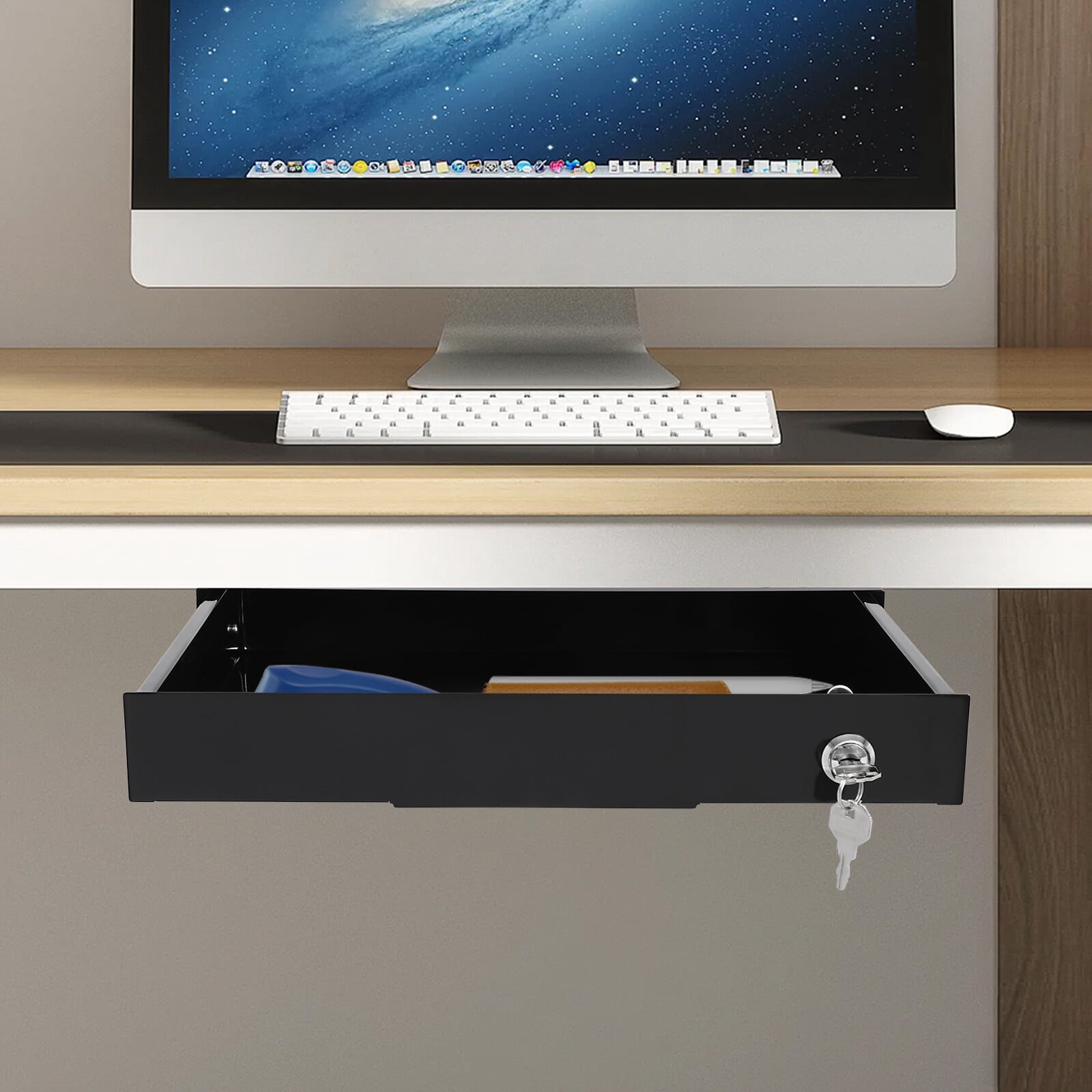 Under Desk Mounted Drawer Storage Sliding Out Tray Black Space Saver With Keys~