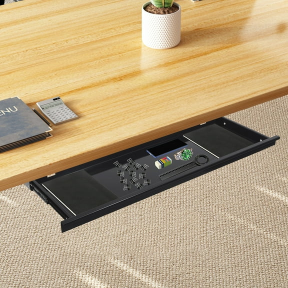 Under Desk Mounted Keyboard Tray Sliding Pull-out Storage Drawer Shelf Space Saver Black