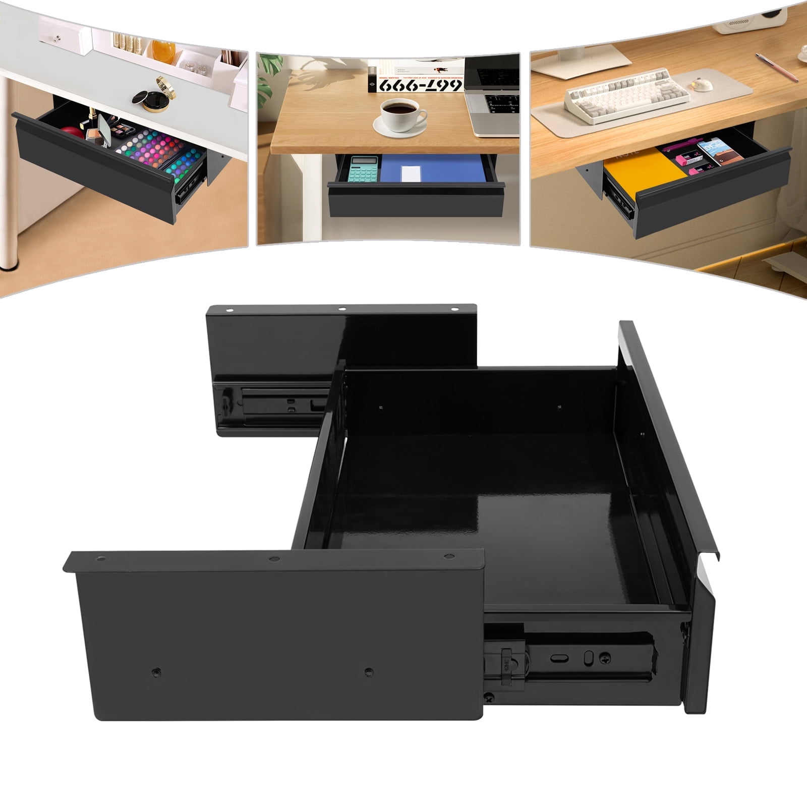 Under Desk Mounted Sliding Pull-out Drawer,Add-on Drawer Under Desk,Iron Under Desk Slide Out Drawer for Home Office,Black