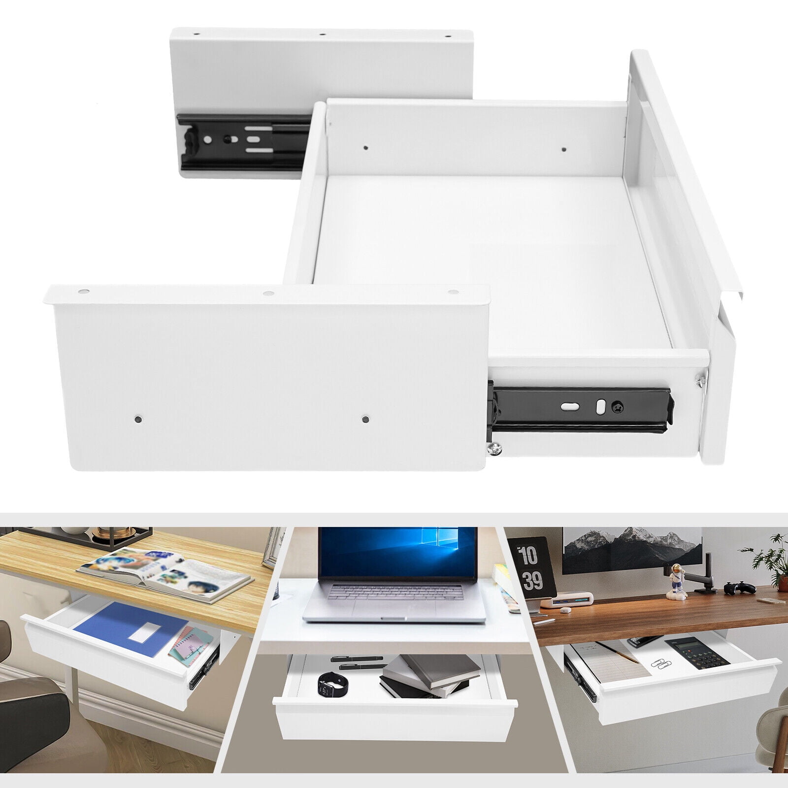 Under Desk Mounted Sliding Pullout Drawer, Storage Organizer for Sit