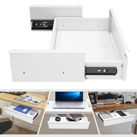 Under Desk Mounted Sliding Pull-out Drawer, Storage Organizer for Sit Stand Workstation, Pull-out Drawer White