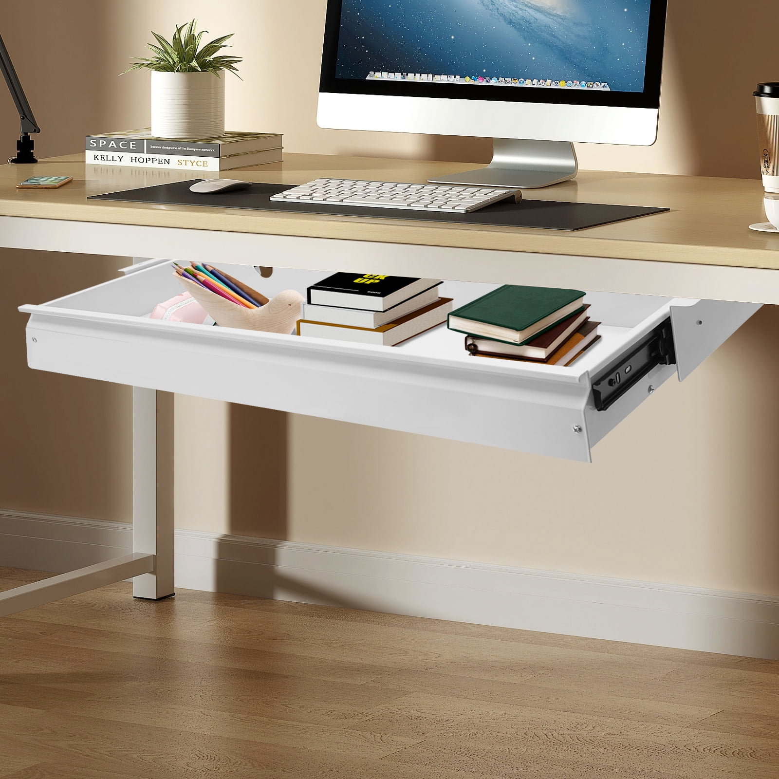 Under Desk Mounted Sliding Pull-out Drawer, Storage Organizer for Sit Stand Workstation, Pull-out Drawer