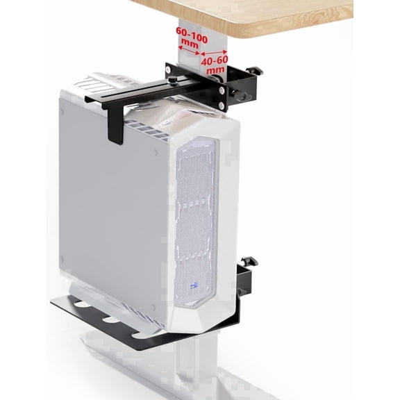 Under Desk PC Mount, width adjustable no-drill computer bracket with protective arms and anti-slip mat, holds up to 44lbs, for standing desk home office