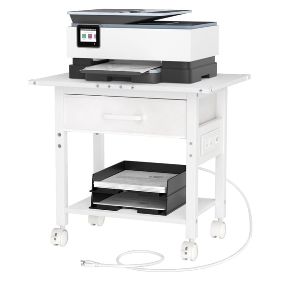 Under Desk Printer Stand,Rolling Printer Cart with USB Ports,Charging Station,2-Tier Desk,Fabric Drawer,Lockable Wheels,Home Office,White