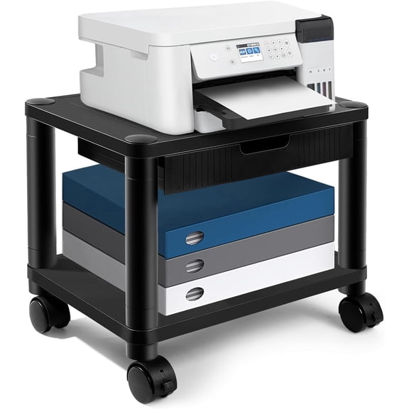 Under Desk Printer Stand with Wheels, Rolling Printer Cart with Lockable Wheels, 2-Tier Printer Table with Storage Drawer for Home&Office (Black)