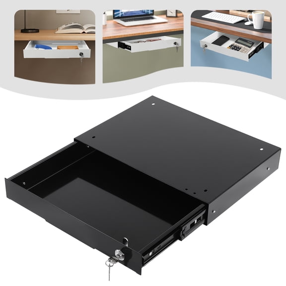 Under Desk Sliding Pull-Out Drawer, Iron Drawer Storage Organizer with Lock & Keys, for Home Office Desk Hidden Storage