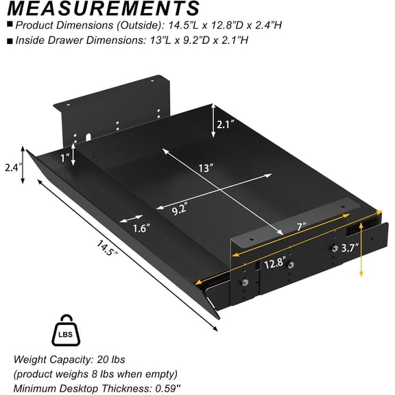 Under Desk Sliding Pull-Out Drawer with Pencil Tray, Height Adjustable Metal Computer Organizer for Standing Desks, Black